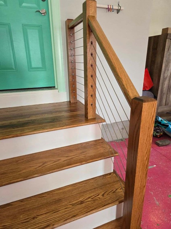 Custom Interior Red Oak Staircase with Cable Rail